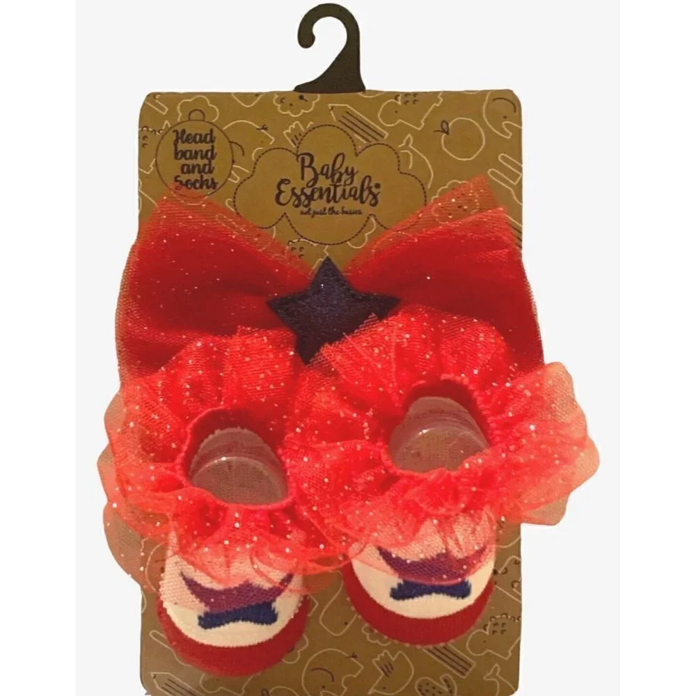 Baby Girls Patriotic Sparkle Headband And Socks Set Size 0-12M Red White Blue